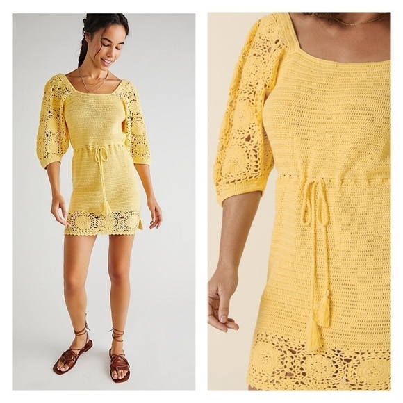 SPELL Let The Sunshine In dress yellow large crochet knit mini belted boho NWT - Picture 1 of 16